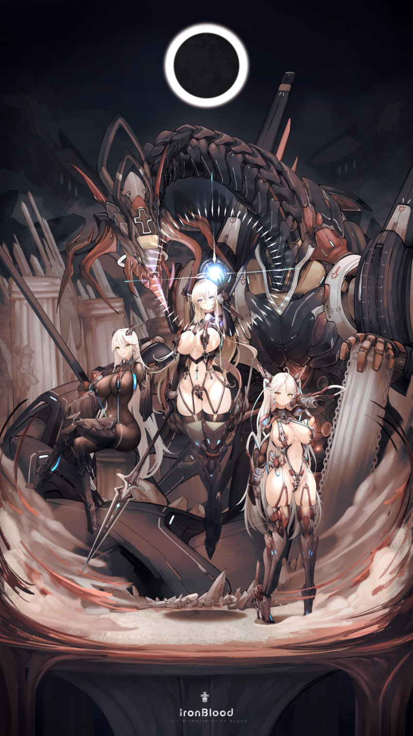 3girls adapted_costume aegir_(azur_lane) areola_slip azur_lane bismarck_(azur_lane) black_bodysuit black_footwear black_gloves black_horns blonde_hair blue_eyes bodysuit boots breasts cross crossed_legs demon_horns earrings eclipse full_body gloves hair_between_eyes hand_in_own_hair headgear high_heel_boots high_heels highleg highleg_leotard highres holding holding_polearm holding_weapon horns huge_breasts impossible_bodysuit impossible_clothes iron_blood_(emblem) jewelry large_breasts leotard mechanical_boots mechanical_horns mixed-language_commentary multicolored_hair multiple_girls navel_piercing non-humanoid_robot piercing polearm prinz_eugen_(azur_lane) red_garter_straps red_hair revealing_clothes robot robot_dragon sitting skindentation sleeve_cuffs slingshot_swimsuit streaked_hair swimsuit two-tone_hair weapon white_hair yellow_eyes yusha_m