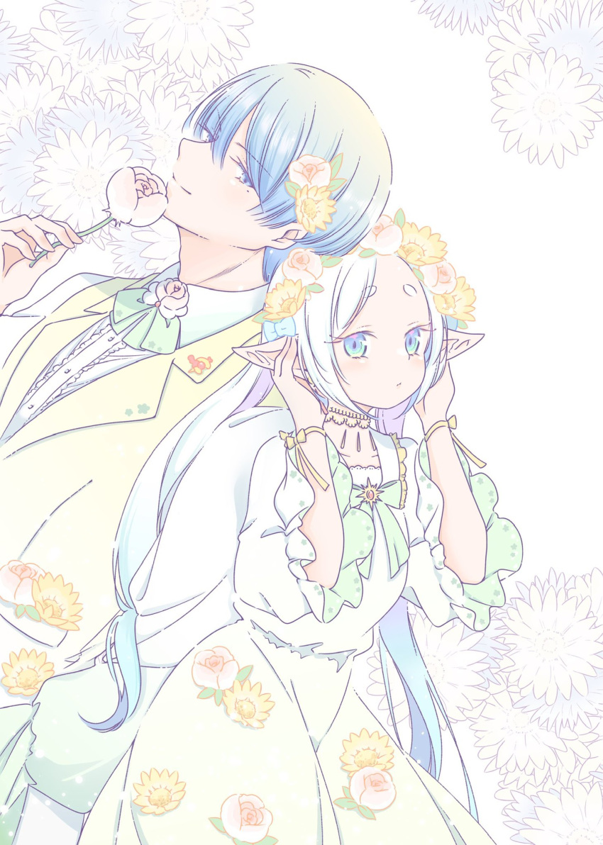 1boy 1girl alternate_costume ascot blue_eyes blue_hair dress elf floral_print flower flower_wreath forehead frieren frilled_sleeves frills green_ascot green_dress green_eyes half-closed_eyes hand_up hands_up highres himmel_(sousou_no_frieren) holding holding_flower jewelry looking_at_viewer multicolored_eyes necklace parted_bangs pastel_colors pointy_ears ribbon sachinyopo shirt short_eyebrows short_hair smile sousou_no_frieren thick_eyebrows twintails vest white_background white_dress white_shirt wide_sleeves yellow_ribbon yellow_vest