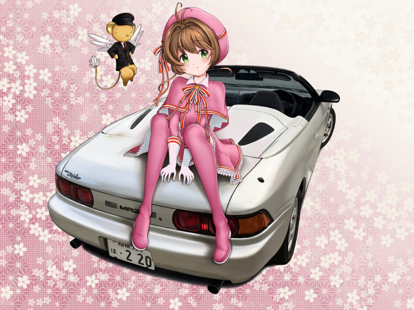 1girl absurdres balladeluce black_headwear black_jacket blush boots bow brown_hair car cardcaptor_sakura collared_shirt convertible dress flying green_eyes hat hat_bow head_tilt highres jacket kero kinomoto_sakura license_plate looking_at_viewer motor_vehicle on_vehicle pink_dress pink_footwear red_bow shadow shirt sitting smile solo_focus striped_bow tail thigh_boots toyota toyota_mr2 toyota_mr2_sw20 vehicle_focus white_shirt yellow_bow