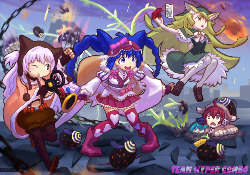 animal_ears blue_hair crossover doubutsu_sentai_zyuohger explosion familiar_(madoka_magica) gen'ei_wo_kakeru_taiyou grey_hair heart heart_print heei_juun japanese_clothes kusanagi_yuma magical_girl mahou_shoujo_ikusei_keikaku mahou_shoujo_madoka_magica mahou_shoujo_madoka_magica_(anime) momoe_nagisa multiple_crossover pantyhose pink_thighhighs red_hair soushin_shoujo_matoi super_sentai tama_(mahoiku) thighhighs tsukuyomi_luna twintails white_hair white_pantyhose