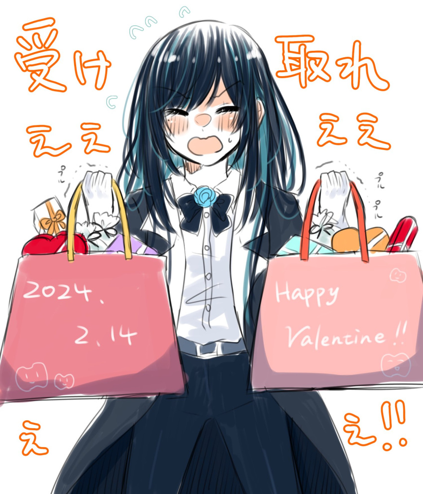 1girl ado_(utaite) bag black_bow black_bowtie black_coat black_hair black_pants blue_flower blue_hair blue_rose blush bow bowtie box chando_(ado) closed_eyes cloud_nine_inc coat collared_shirt colored_inner_hair commentary dated dress_shirt flower flower_brooch genderswap gift gloves happy_valentine heart-shaped_box highres holding holding_bag long_hair mole mole_under_eye multicolored_hair open_clothes open_coat open_mouth pants protected_link rose shirt shoko_(gs_music11) sidelocks simple_background solo sweatdrop translation_request trembling utaite valentine white_background white_gloves white_hair