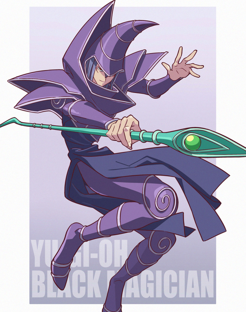 1boy armor character_name copyright_name dark_magician duel_monster facial_mark futa_yuri_ryona hat highres holding holding_staff outstretched_arm purple_armor purple_hair purple_headwear simple_background staff wizard wizard_hat yu-gi-oh!