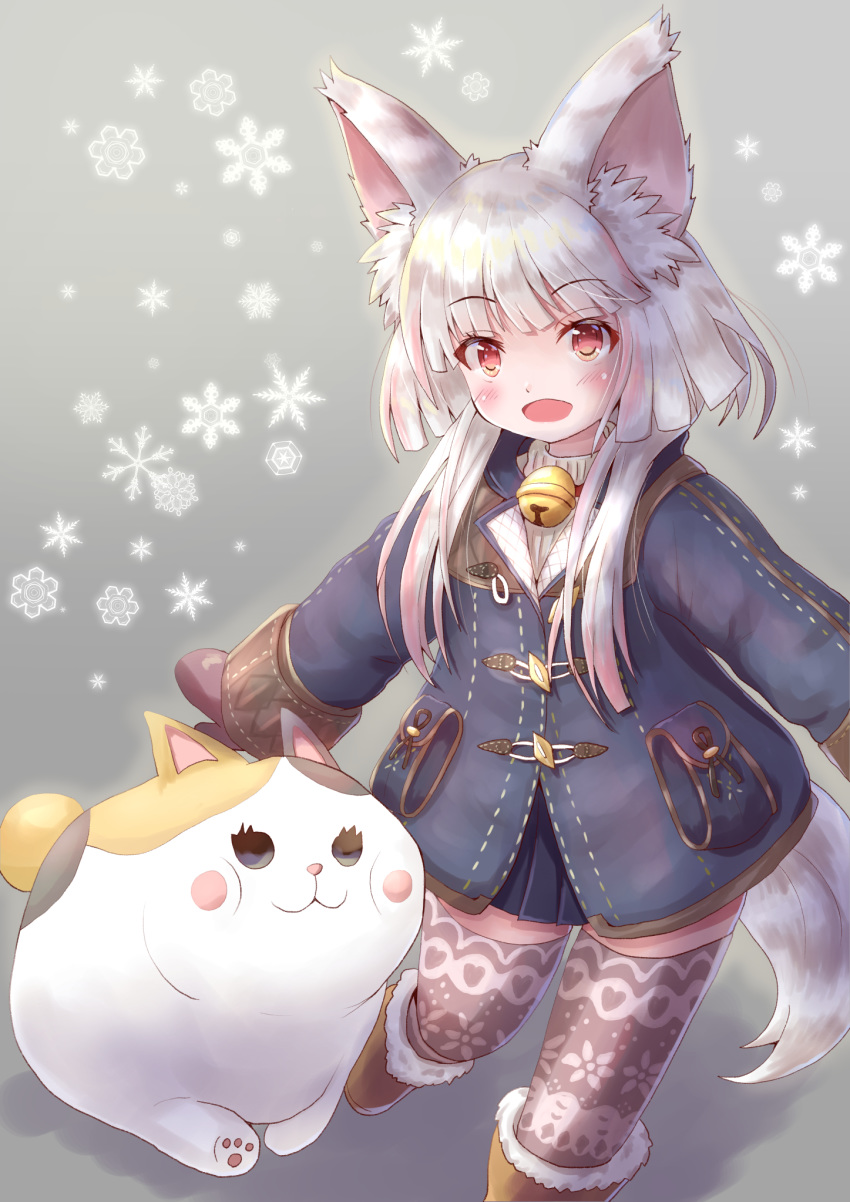 :d animal_ear_fluff animal_ears beige_legwear bell blue_coat blunt_ends blush_stickers boots brown_footwear calico cat coat cocoasabure commentary_request duffel_coat final_fantasy final_fantasy_xiv fur-trimmed_boots fur_boots fur_trim happy highres jacket jingle_bell knit_legwear lalafell long_sleeves mittens open_mouth orange_eyes outstretched_arms pleated_skirt pocket ribbed_sweater short_hair_with_long_locks silver_hair skirt sleeve_cuffs smile snowflake_background snowflakes solid_circle_eyes solo stitches sweater tail thighhighs turtleneck turtleneck_sweater white_sweater winter_clothes winter_coat zettai_ryouiki