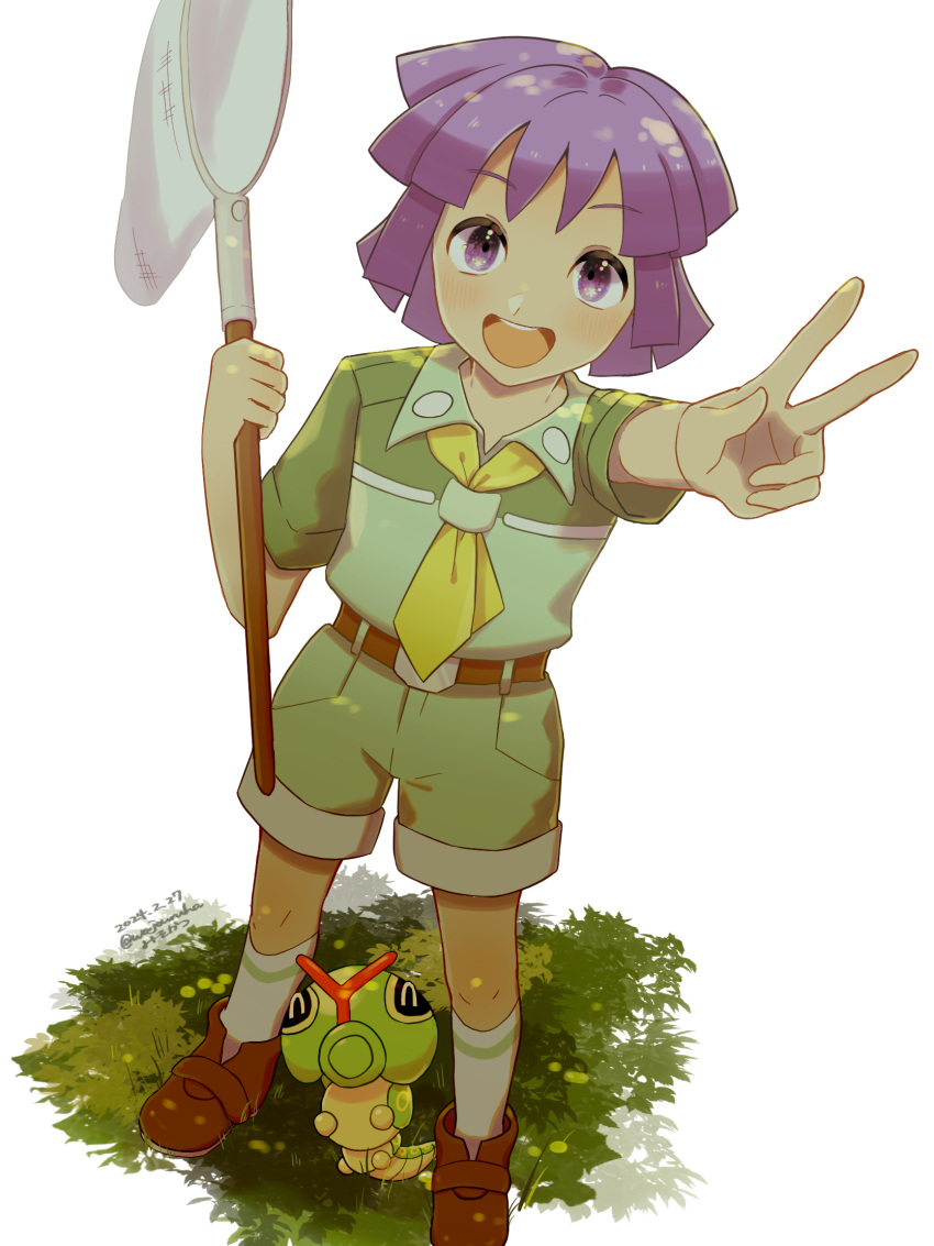 1boy :d belt belt_buckle brown_belt brown_footwear buckle bugsy_(pokemon) butterfly_net caterpie collared_shirt commentary dated green_shirt green_shorts hand_net happy highres holding holding_butterfly_net knees male_focus open_mouth pokemon pokemon_(creature) pokemon_hgss purple_hair shirt shoes short_hair short_sleeves shorts smile socks symbol-only_commentary teeth upper_teeth_only v wajou-uruha white_socks