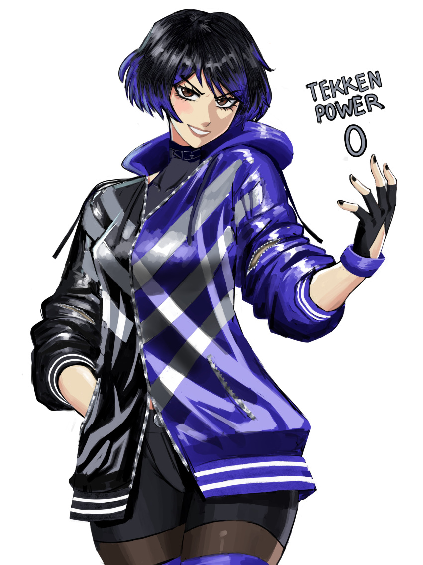 1girl absurdres black_hair black_jacket black_nails black_pantyhose black_shorts brown_eyes brown_hair chaosoded commentary copyright_name fingerless_gloves gloves hand_in_pocket highres jacket looking_at_viewer multicolored_hair pantyhose purple_hair purple_jacket reina_(tekken) shorts simple_background solo tekken tekken_8 white_background