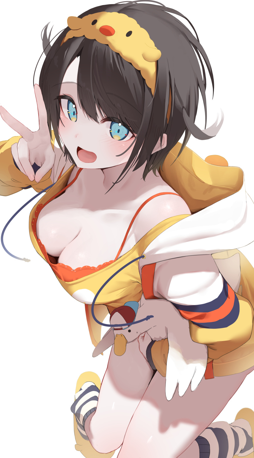 1girl absurdres animal_hairband bird black_hair blue_eyes bra bra_peek breasts carrying carrying_under_arm cleavage collarbone commentary_request duck duck_hood hairband highres hololive hood hood_down hooded_jacket jacket looking_at_viewer loungewear medium_breasts mikaku multicolored_clothes multicolored_jacket oozora_subaru oozora_subaru_(loungewear) open_mouth shirt short_hair simple_background smile socks solo striped_clothes striped_socks underwear very_short_hair virtual_youtuber white_background yellow_hairband yellow_shirt