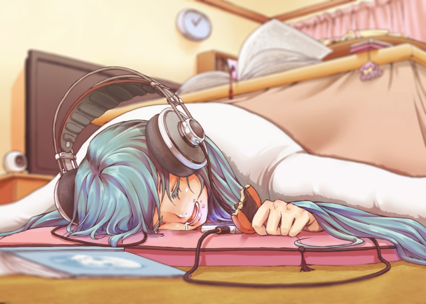 analog_clock aqua_hair bad_id bad_pixiv_id bangs banned_artist blurry blurry_background blurry_foreground book bookmark cable cameo cellphone clock closed_eyes colored_eyelashes depth_of_field drooling food food_on_face from_below hatsune_miku headphones holding indoors kotatsu lava_cookie living_room long_hair lying megurine_luka merchandise nigiriushi on_floor on_stomach open_book open_mouth parted_hair phone senbei sleeping solo table takoluka television tied_hair twintails very_long_hair vocaloid webcam
