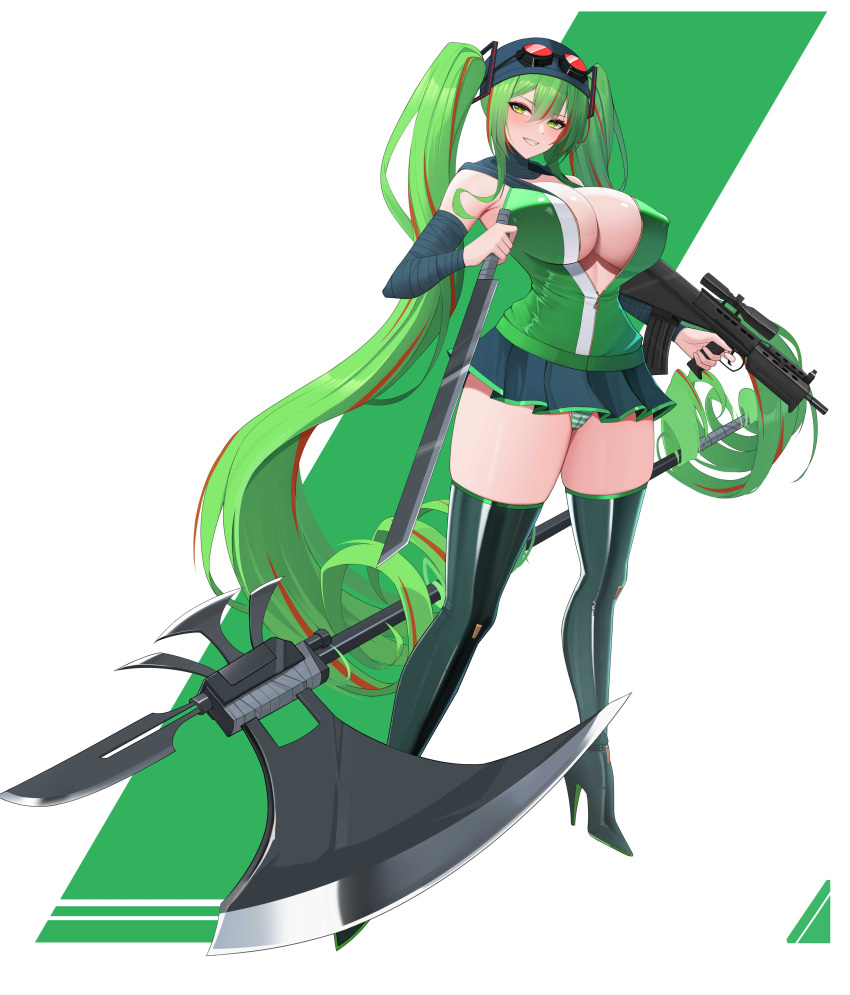 1girl absurdly_long_hair absurdres boots breasts cameltoe center_opening cleavage covered_nipples dual_wielding green_eyes green_footwear green_hair green_panties gun hair_between_eyes halberd hank_miku high_heel_boots high_heels highres holding holding_gun holding_sword holding_weapon huge_breasts long_hair looking_at_viewer madness_combat microskirt multicolored_hair panties polearm red_hair simple_background skirt sleeveless solo streaked_hair striped_clothes striped_panties sword thigh_boots twintails two-tone_hair two-tone_panties ultra-13 underwear very_long_hair weapon white_background white_panties zettai_ryouiki