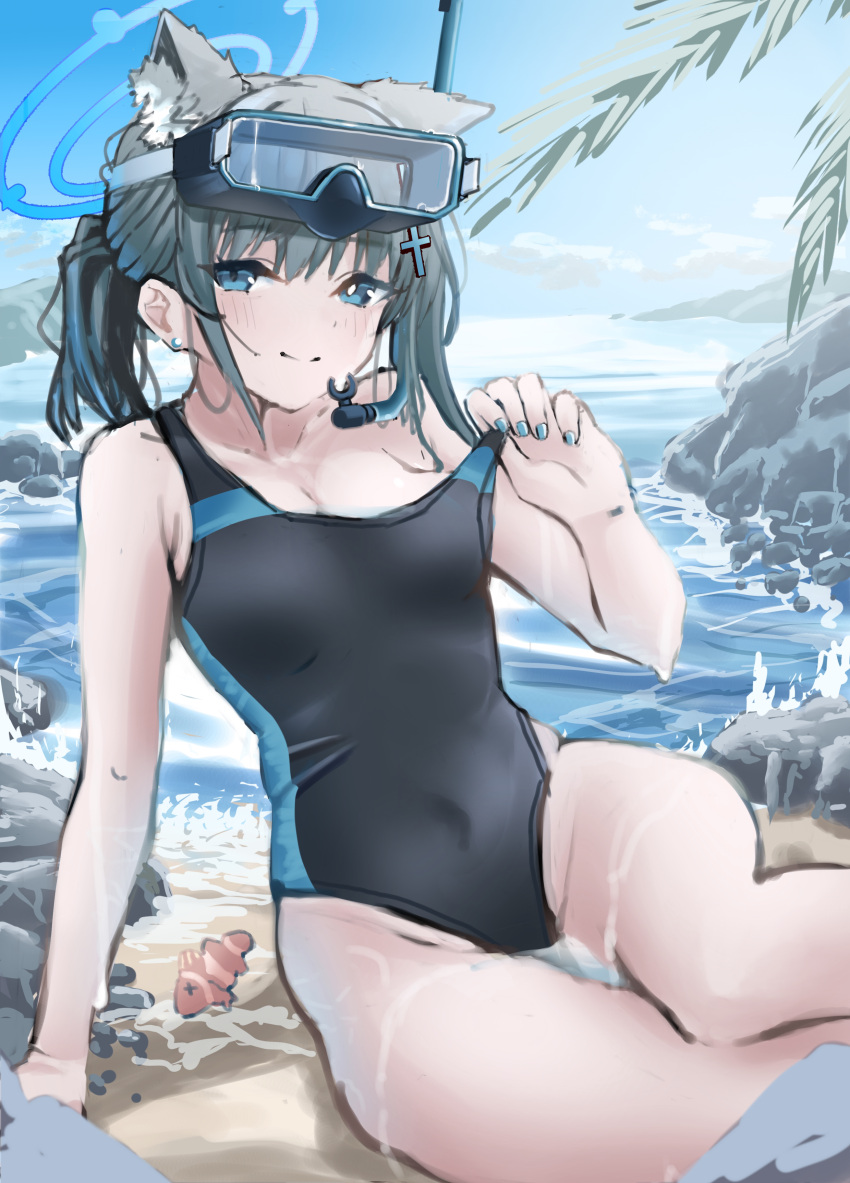 1girl absurdres animal_ear_fluff animal_ears black_one-piece_swimsuit blue_archive blue_eyes blue_sky breasts clothes_pull cloud clownfish commentary_request competition_swimsuit covered_navel cross_hair_ornament day diving_mask diving_mask_on_head extra_ears feet_out_of_frame fish goggles goggles_on_head grey_hair hair_ornament halo highres looking_at_viewer low_ponytail medium_breasts medium_hair mismatched_pupils multicolored_clothes multicolored_swimsuit official_alternate_costume one-piece_swimsuit one-piece_swimsuit_pull outdoors partial_commentary rock shiroko_(blue_archive) shiroko_(swimsuit)_(blue_archive) sky smile swimsuit water wolf_ears zume_(izume_m02)