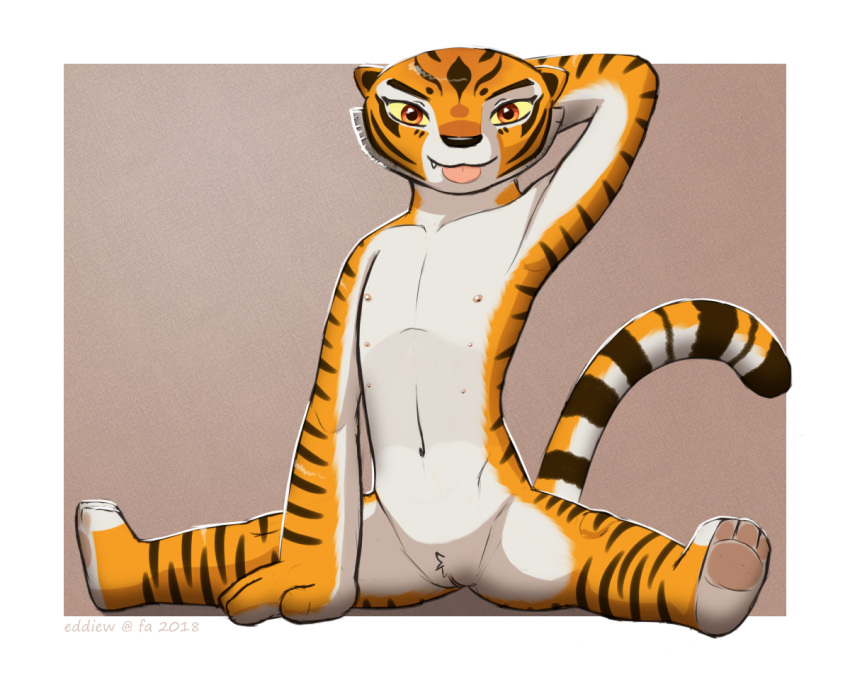 2018 anthro black_nose blep border countershade_face countershade_torso countershading eddiew feline female flat_chested front_view full-length_portrait fur hand_behind_head kung_fu_panda looking_at_viewer mammal master_tigress multi_nipple navel nipples nude orange_eyes orange_fur portrait pose presenting presenting_pussy pubes pussy sitting solo splits spread_legs spreading striped_tail stripes tiger tongue tongue_out white_border white_countershading yellow_sclera