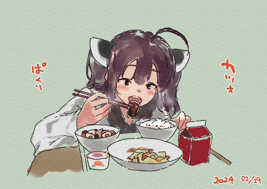 1girl :d ahoge blush bowl brown_eyes brown_hair chair chopsticks dated food food_request green_background hair_between_eyes headgear holding holding_chopsticks japanese_clothes kimono lamb_(hitsujiniku) long_sleeves on_chair rice rice_bowl simple_background sitting smile solo table teeth touhoku_kiritan translation_request twintails upper_body upper_teeth_only voiceroid white_kimono wide_sleeves