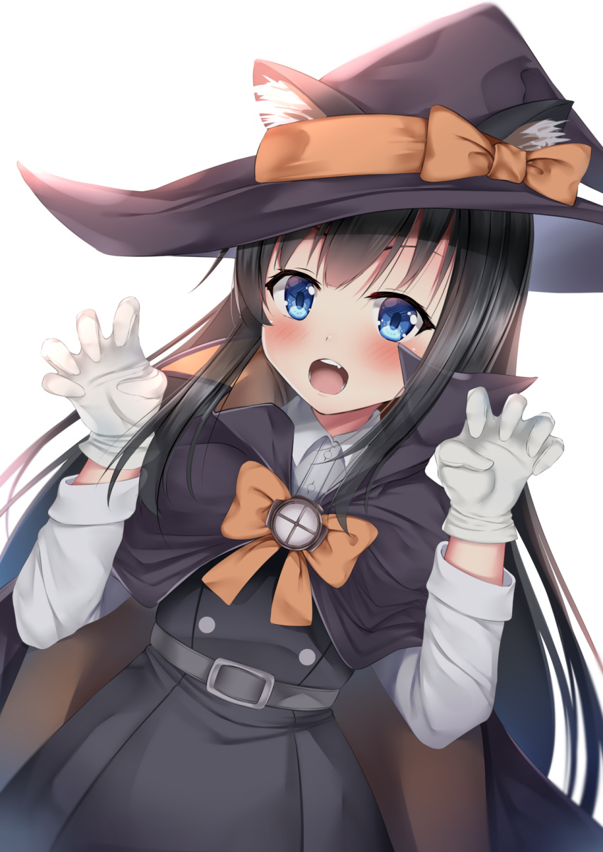 animal_ear_fluff animal_ears asashio_(kantai_collection) bangs black_dress black_hair black_hat blue_eyes blush bow brown_cape cat_ears claw_pose collared_shirt dress dress_shirt dutch_angle ears_through_headwear eyebrows_visible_through_hair fake_animal_ears fang gloves hair_between_eyes halloween halloween_costume hands_up hat hat_bow highres kantai_collection long_hair long_sleeves looking_at_viewer open_mouth orange_bow pinafore_dress puririn remodel_(kantai_collection) school_uniform shirt simple_background solo very_long_hair white_background white_gloves white_shirt witch witch_hat