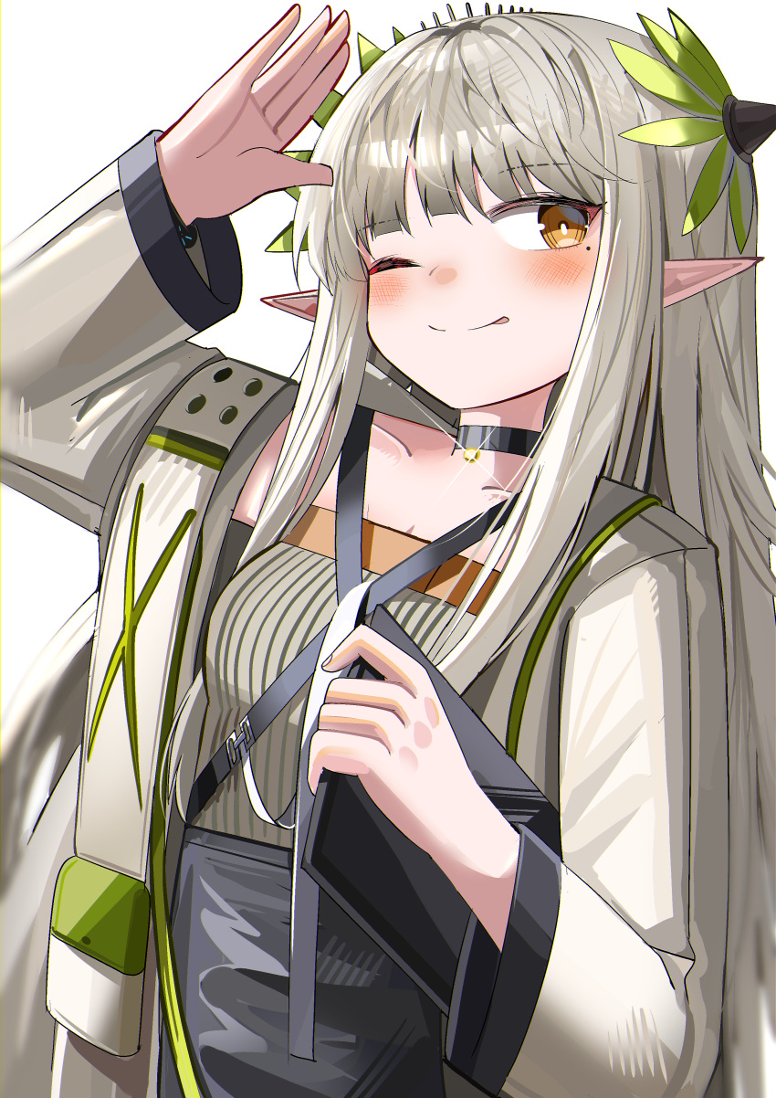 1girl ;p absurdres arknights arm_up black_choker black_skirt blush breasts choker cleavage closed_mouth collarbone grey_hair grey_jacket grey_shirt highres holding jacket long_hair long_sleeves mole mole_under_eye muelsyse_(arknights) one_eye_closed open_clothes open_jacket orange_eyes pointy_ears shirt simple_background skirt small_breasts smile solo spam_(spamham4506) tongue tongue_out very_long_hair white_background