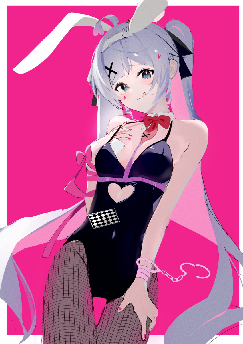 1girl animal_ears bare_shoulders blue_hair border bow bowtie card clothing_cutout colored_inner_hair covered_navel cowboy_shot cuffs cutout_above_navel detached_collar fake_animal_ears fishnet_pantyhose fishnets hair_ornament halter_leotard halterneck handcuff_dangle handcuffs hatsune_miku headband heart_cutout highres leotard long_hair multicolored_hair pantyhose pink_background pink_pupils playboy_bunny potetoneko rabbit_ears rabbit_hole_(vocaloid) solo strapless strapless_leotard teardrop_facial_mark thigh_gap tongue tongue_out traditional_bowtie twintails very_long_hair vocaloid white_border white_headband x_hair_ornament
