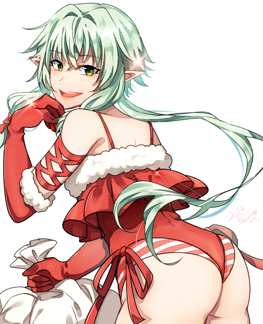 1girl :d ass bare_shoulders commentary_request elbow_gloves fur-trimmed_gloves fur_trim gloves goblin_slayer! green_eyes green_hair high_elf_archer_(goblin_slayer!) highres holding holding_sack kankitukou leotard long_hair looking_at_viewer looking_back partial_commentary pointy_ears red_gloves red_leotard sack simple_background smile solo striped_clothes striped_leotard teeth two-tone_leotard upper_teeth_only white_background white_leotard