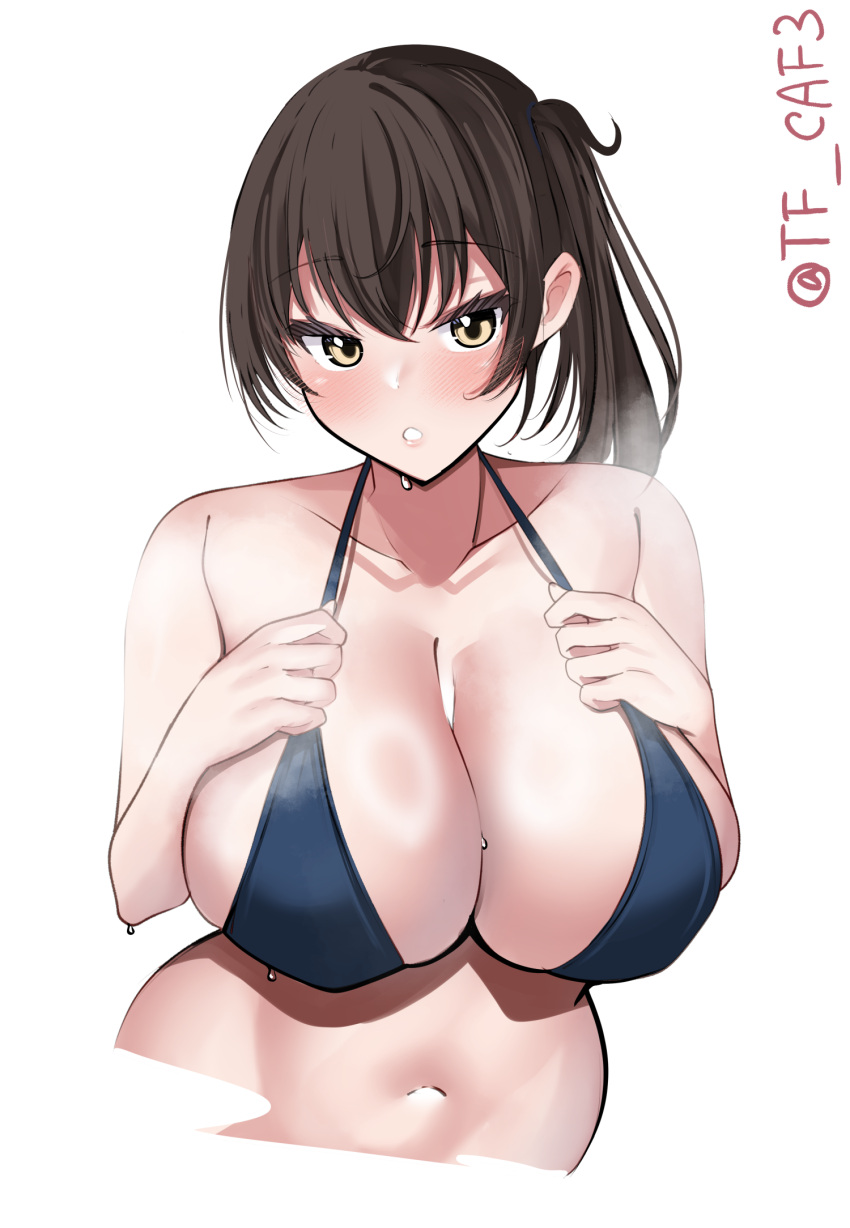 1girl bare_shoulders bikini black_bikini blush breasts brown_eyes brown_hair cleavage collarbone highres kaga_(kancolle) kantai_collection large_breasts looking_at_viewer navel side_ponytail solo sweatdrop swimsuit tf_cafe twitter_username upper_body white_background