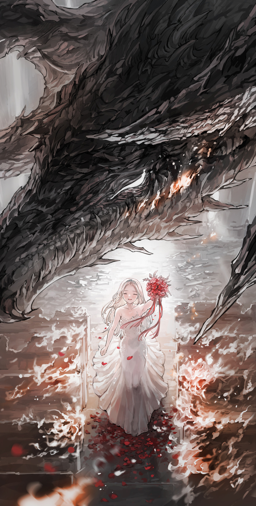 1girl absurdres arm_at_side arm_up bare_shoulders bouquet breathing_fire bride burning commentary_request dragon dress facing_viewer fire flower happy highres holding holding_bouquet long_hair original parted_bangs petals reaching reaching_towards_viewer red_flower sakaya313 smile standing strapless strapless_dress tiara walking wedding_dress western_dragon white_dress white_hair