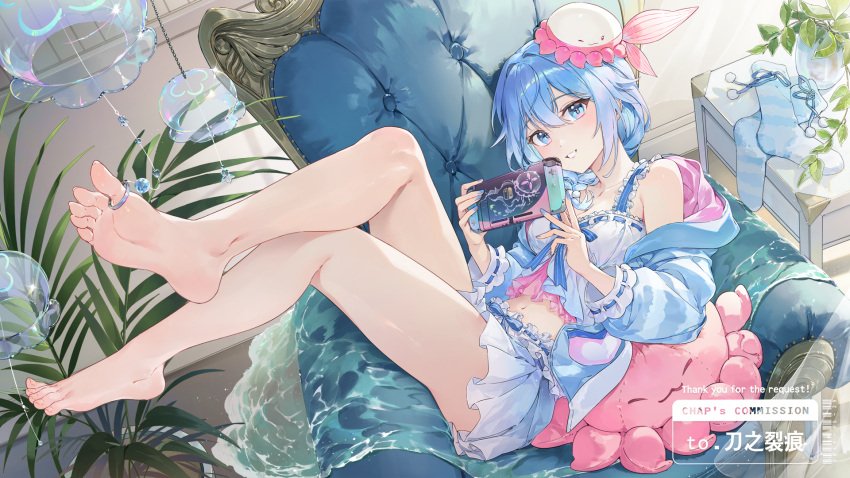 1girl barcode bare_legs bare_shoulders barefoot blue_eyes blue_hair blue_jacket blue_nails breasts camisole chair chap_sal_! commission crop_top crossed_legs easy_chair feet fish_hair_ornament foot_focus frilled_camisole frills full_body grin hair_between_eyes hair_ornament haiyi handheld_game_console highres holding holding_handheld_game_console indoors jacket jewelry legs medium_breasts midriff miniskirt navel off_shoulder open_clothes open_jacket pixiv_commission plant pleated_skirt potted_plant reclining sitting skirt smile soles synthesizer_v thighs toe_ring toes unworn_socks watermark white_skirt