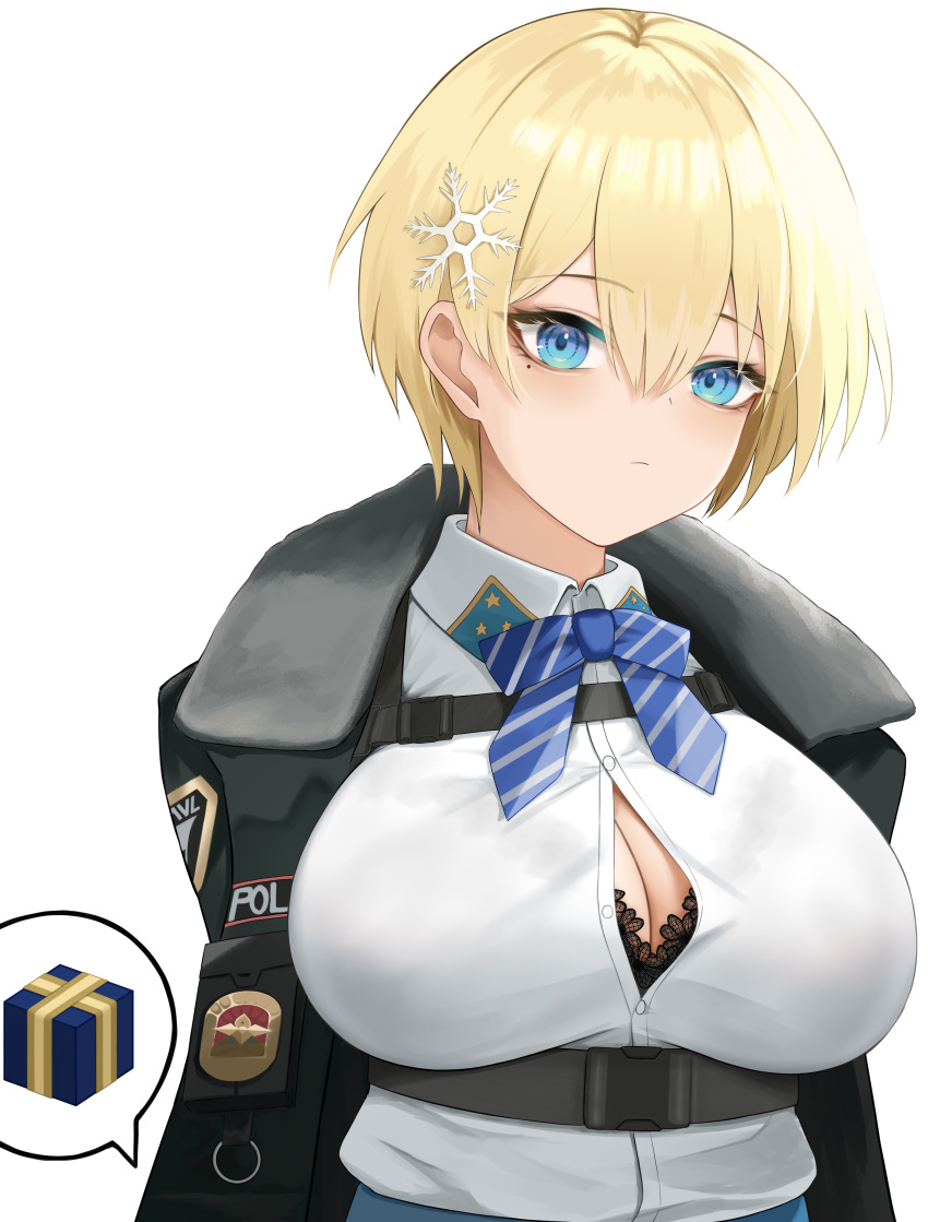 1girl absurdres black_bra blonde_hair blue_eyes bow bowtie bra bra_peek bra_visible_through_clothes breasts buckle button_gap cleavage codename696 collared_shirt girls'_frontline hair_ornament highres jacket lace-trimmed_bra lace_trim mole mole_under_eye open_clothes open_jacket shirt short_hair skirt snap-fit_buckle snowflake_hair_ornament striped_bow striped_bowtie striped_clothes taut_clothes taut_skirt underwear upper_body vsk-94_(girls'_frontline) white_background white_shirt