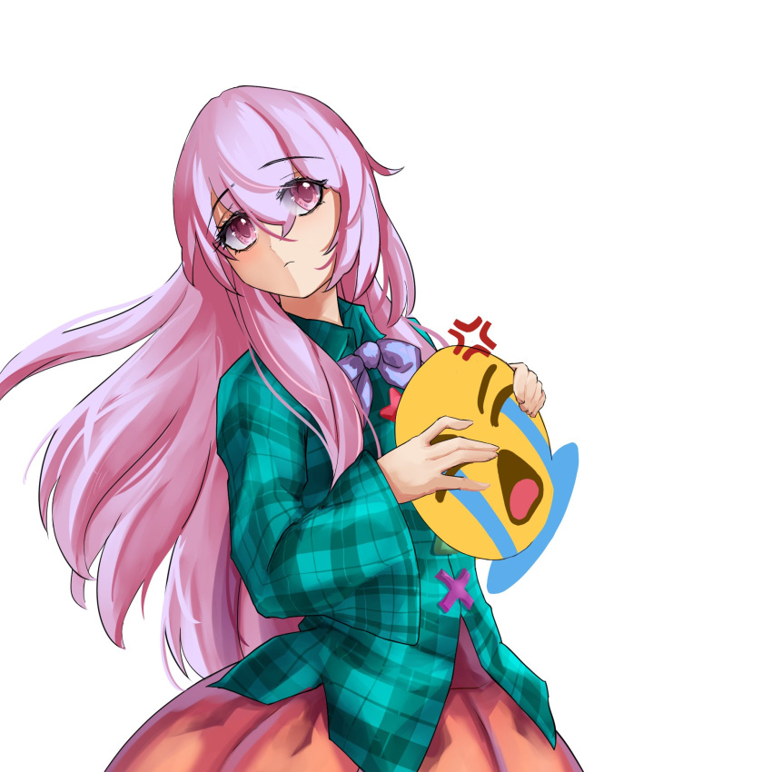 1girl bow crying_emoji double-parted_bangs dress_shirt emoji expressionless hair_between_eyes hata_no_kokoro highres holding holding_mask long_hair long_sleeves looking_at_viewer mask mask_on_head meme orange_skirt pink_eyes pink_hair plaid plaid_shirt shirt simple_background skirt solo tierra_misu touhou uohhhhhhhhh!_(meme) very_long_hair white_background