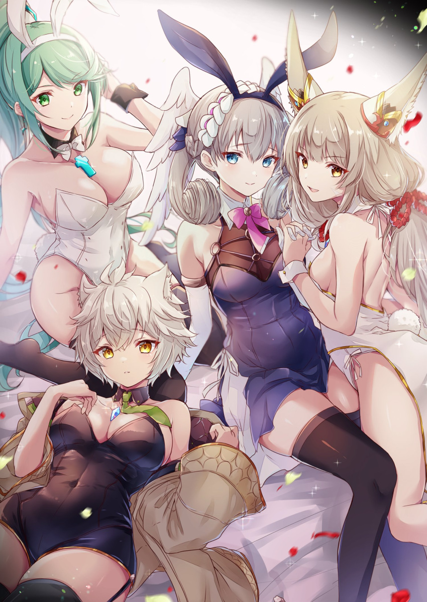 animal_ears bare_shoulders blue_eyes blunt_bangs blush braid breasts cat_ears cat_girl chest_jewel cleavage core_crystal_(xenoblade) crown_braid crystal curly_hair dangle_earrings drop_earrings earrings facial_mark fake_animal_ears gloves green_eyes green_hair grey_hair head_wings headpiece highres holding_hands jacket jewelry large_breasts long_hair looking_at_viewer low_twintails melia_antiqua messy_hair monolith_soft na'el_(xenoblade) nia_(blade)_(xenoblade) nia_(xenoblade) open_clothes open_jacket open_mouth petals playboy_bunny pneuma_(xenoblade) ponytail rabbit_ears rose_petals short_hair smile swept_bangs thighhighs twintails ui_frara very_long_hair wings wrist_cuffs xenoblade_chronicles_(series) xenoblade_chronicles_1 xenoblade_chronicles_2 xenoblade_chronicles_3 xenoblade_chronicles_3:_future_redeemed yellow_eyes