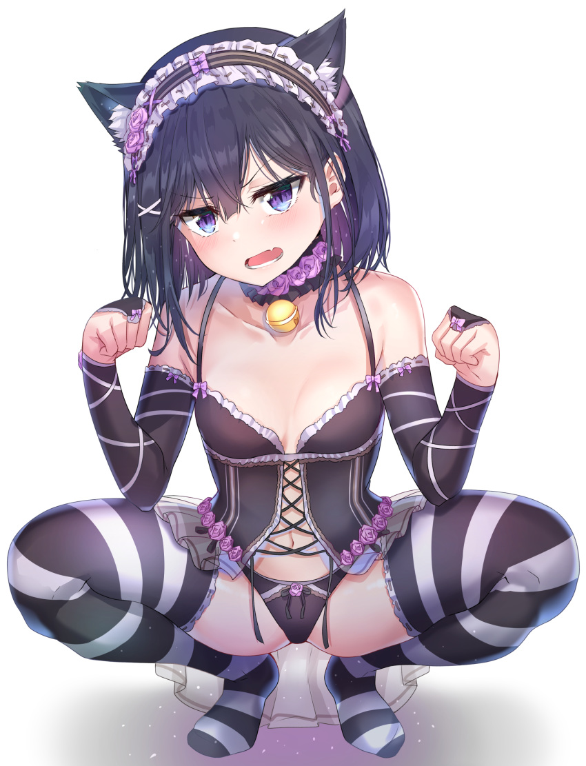 :o absurdres adagaki_aki animal_ear_fluff animal_ears bangs bare_shoulders bell black_hair black_panties blue_eyes blush breasts breasts_apart bridal_gauntlets bustier collarbone cross-laced_clothes detached_collar fang flower full_body hair_ornament hairclip hands_up headdress highres jingle_bell lingerie looking_at_viewer masamune-kun_no_revenge medium_hair navel no_shoes panties paw_pose purple_flower revision rose see-through shadow sidelocks simple_background small_breasts solo squatting striped striped_legwear sunhyun teeth thighhighs underwear underwear_only v-shaped_eyebrows white_background