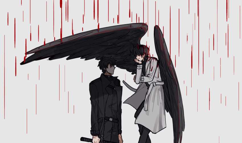 2boys belt black_hair black_pants black_shirt black_wings coat commentary demon_horns feathered_wings grey_background hand_on_own_chin highres horns kim_dokja looking_at_another male_focus mixed-language_commentary multiple_boys omniscient_reader's_viewpoint pants profile shirt short_hair slugrab standing white_coat wings yoo_joonghyuk