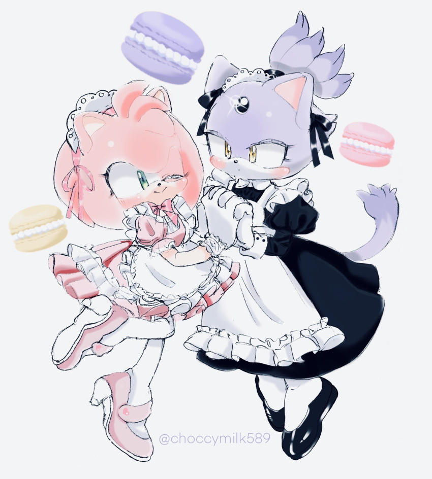 2girls amy_rose animal_ears apron black_footwear blaze_the_cat blush cat_ears cat_girl cat_tail choccymilk589 food forehead_jewel furry furry_female gloves green_eyes hedgehog_girl highres holding_hands macaron maid maid_headdress multiple_girls one_eye_closed pink_footwear ponytail simple_background sonic_(series) tail white_gloves yellow_eyes