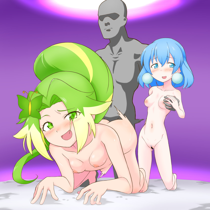 1boy 2girls absurdres blonde_hair blue_eyes blue_hair blush bouncing_breasts breasts butterfly_hair_ornament censored completely_nude doggystyle earrings ffm_threesome green_eyes green_hair groping group_sex hair_ornament hand_on_another's_hand hetero high_ponytail highres jewelpet_(series) jewelpet_magical_change jewelry larimer_(jewelpet) long_hair multicolored_hair multiple_girls navel nipples nude peridot_(jewelpet) pussy sex shimokou0207 short_hair small_breasts stomach_bulge threesome two-tone_hair vaginal viewer_self-insert