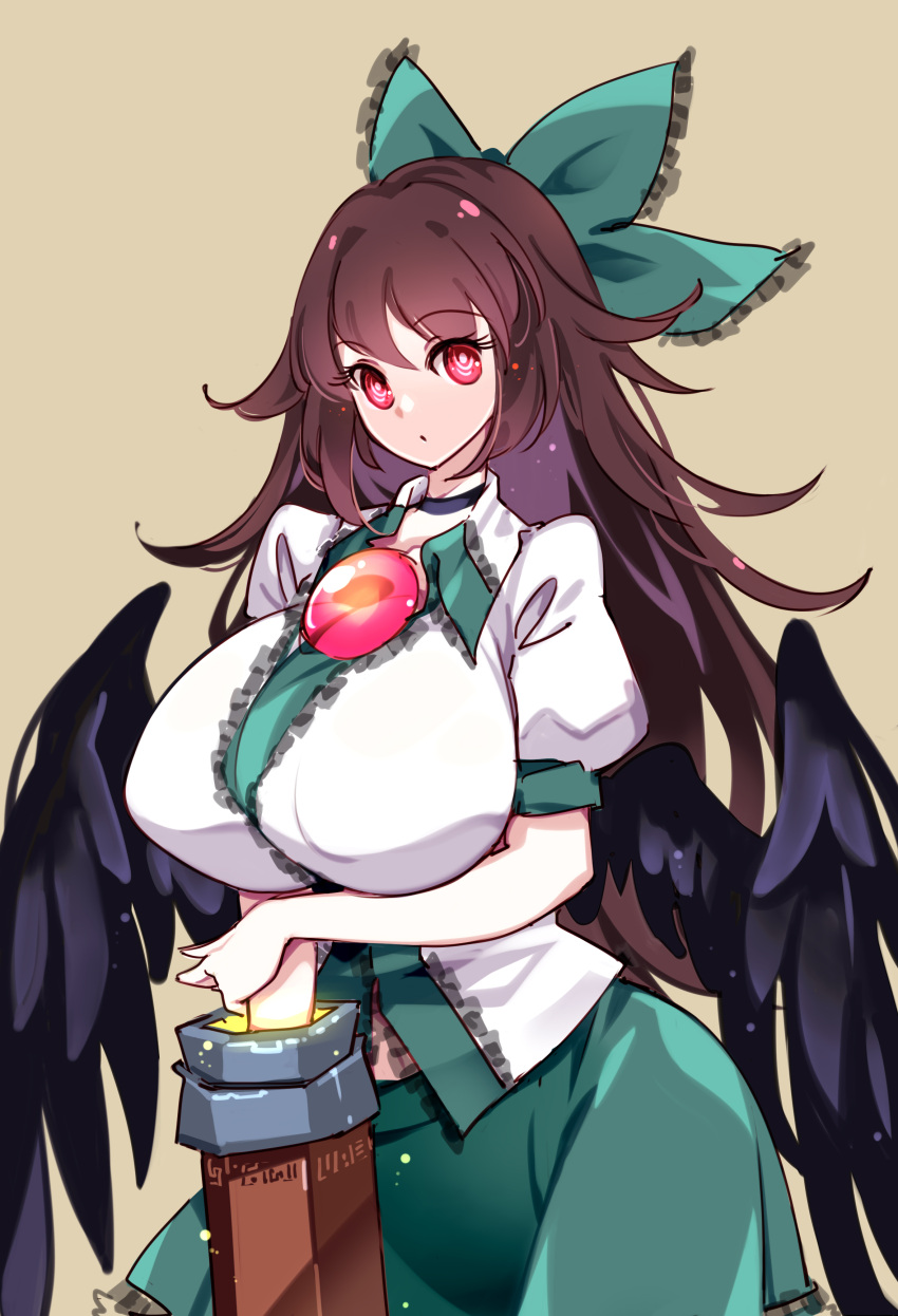 1girl absurdres arm_cannon bird_wings black_wings bow breasts brown_background brown_hair commentary green_bow green_skirt hair_bow hair_flaps highres large_breasts long_hair looking_at_viewer raptor7 red_eyes reiuji_utsuho shirt short_sleeves simple_background skirt solo symbol-only_commentary third_eye touhou weapon white_shirt wings