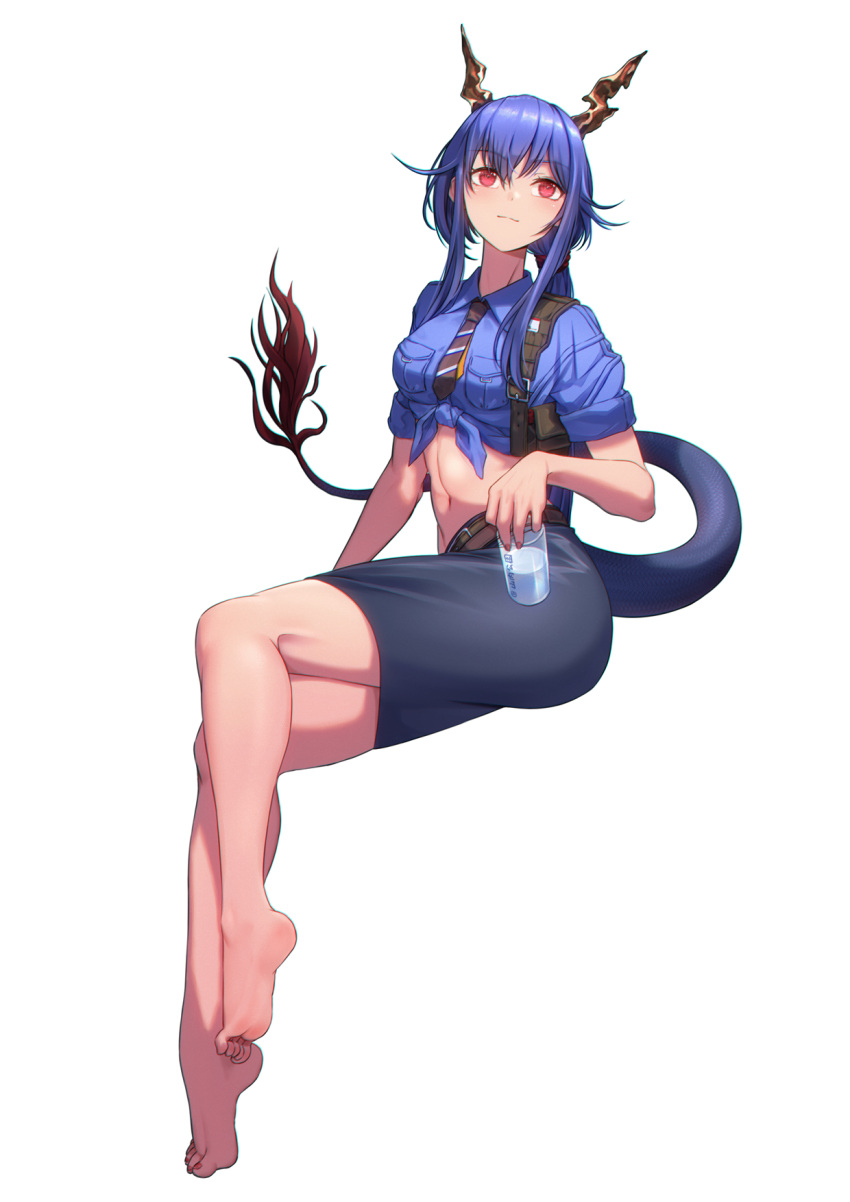 1girl arknights barefoot black_necktie black_skirt blue_hair blue_shirt breasts ch'en_(after_storm)_(arknights) ch'en_(arknights) commentary_request crop_top cup dragon_horns dragon_tail drinking_glass highres holding holding_cup horns long_hair looking_at_viewer medium_breasts midriff miniskirt navel necktie official_alternate_costume red_eyes shirt short_sleeves simple_background sitting skirt solo stomach tail tied_shirt white_background yamauchi_(conan-comy)