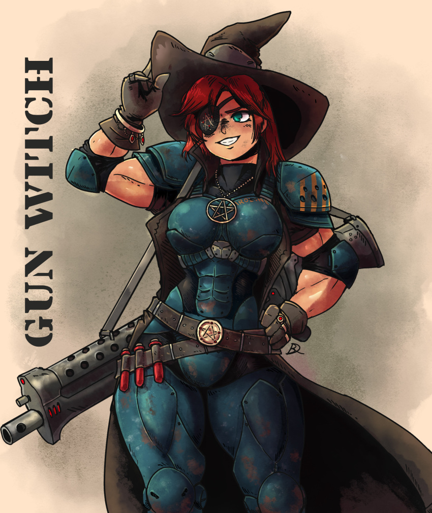 adjusting_clothes adjusting_headwear armor assault_rifle elbow_pads eyepatch gloves green_eyes gun hat highres jewelry kabewski long_hair muscular muscular_female necklace original pauldrons pentagram red_hair rifle shoulder_armor signature skirt smile teeth vial weapon witch witch_hat