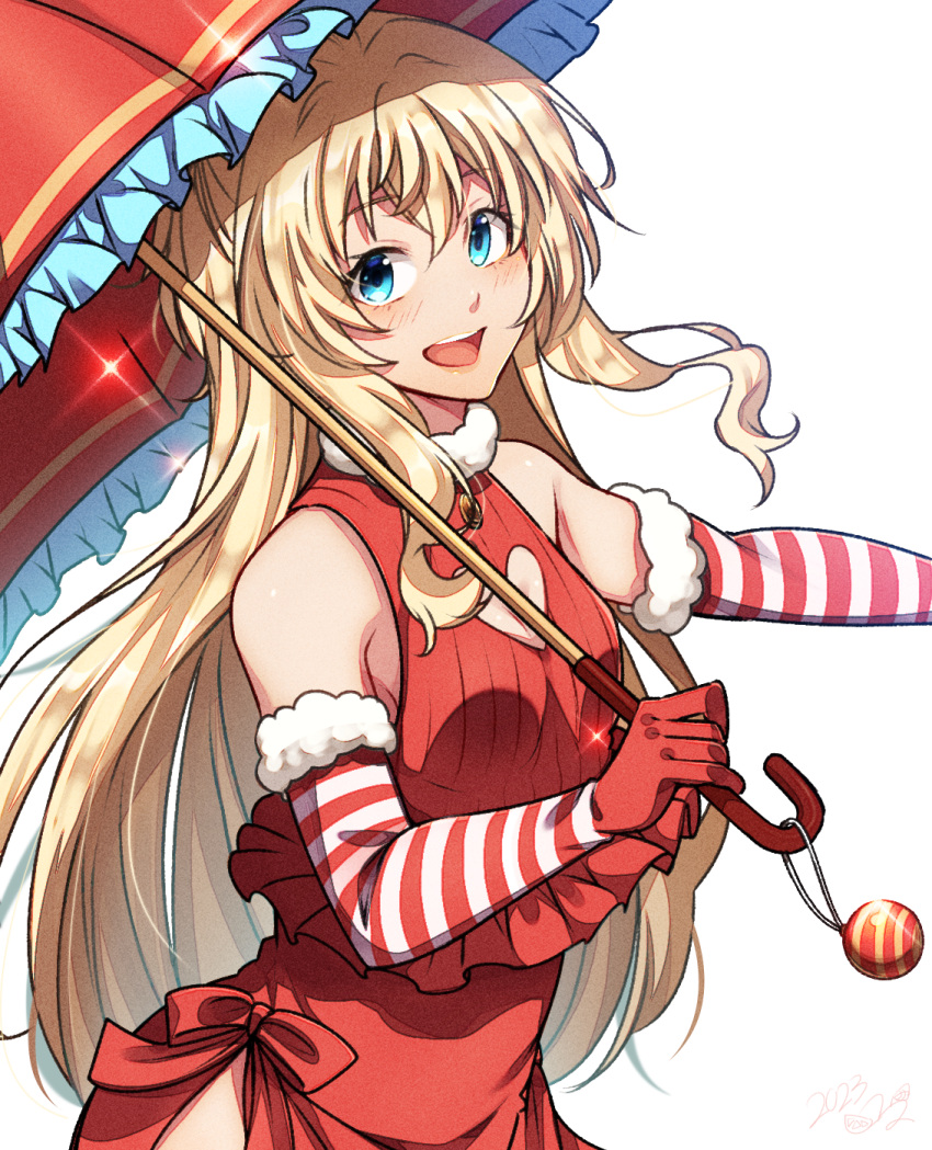 1girl bare_shoulders blonde_hair blue_eyes clothing_cutout cowboy_shot dress fur-trimmed_gloves fur_collar fur_trim gloves goblin_slayer! heart_cutout highres holding holding_umbrella kankitukou long_hair priestess_(goblin_slayer!) red_dress red_gloves simple_background smile solo striped_clothes striped_gloves umbrella white_background