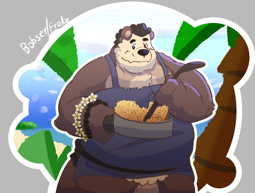 anthro beach cooking genitals half_naked hi_res male mammal mustelid otter outside overweight overweight_male penis sea solo tropical water