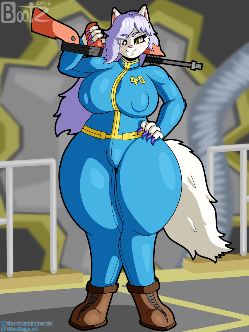 3:4 absurd_res anthro bethesda_softworks big_breasts blush bodysuit bootleggz boots breasts canid canine canis cel_shading claws clothed clothing detailed_background digital_media_(artwork) eyelashes fallout female fluffy fluffy_tail footwear fur glistening gun hair hand_on_hip hi_res holding_gun holding_object holding_ranged_weapon holding_weapon looking_at_viewer mammal nipple_outline nipples purple_hair raine_silverlock ranged_weapon shaded signature skinsuit smile solo solo_focus tail thick_thighs tight_clothing tuft twokinds vault_suit weapon white_body white_fur wolf yellow_eyes