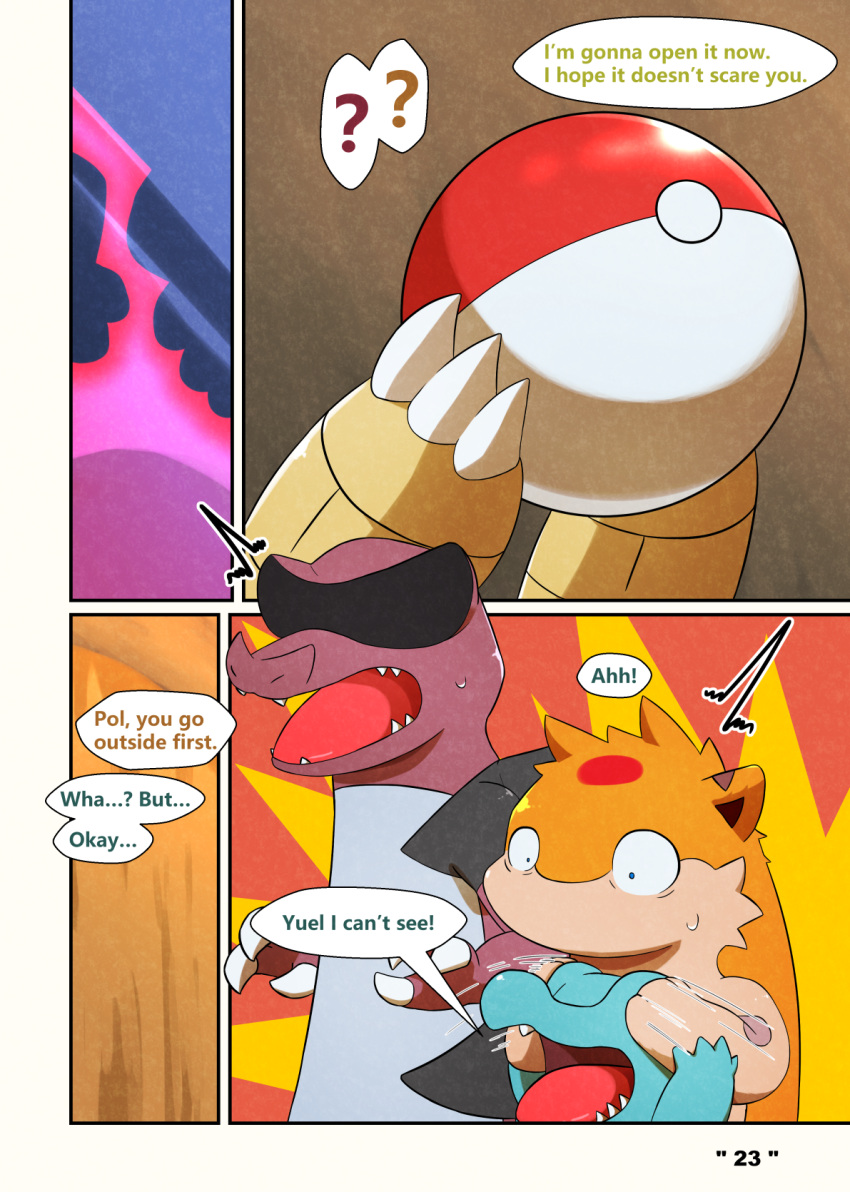 comic darrow0 english_text generation_1_pokemon generation_2_pokemon generation_5_pokemon hi_res krookodile male mo_(darrow) nintendo pokeball pokemon pokemon_(species) pol_(darrow) quilava sandshrew speech_bubble text totodile yuel