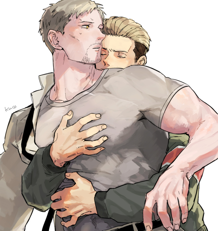 2boys armband artist_name bara blonde_hair brown_hair brown_jacket closed_eyes couple facial_hair green_jacket grey_shirt highres hug hug_from_behind jacket kuconoms large_pectorals looking_at_another male_focus multiple_boys muscular muscular_male open_clothes open_jacket pectorals porco_galliard red_armband reiner_braun shingeki_no_kyojin shirt short_hair simple_background upper_body white_background yaoi