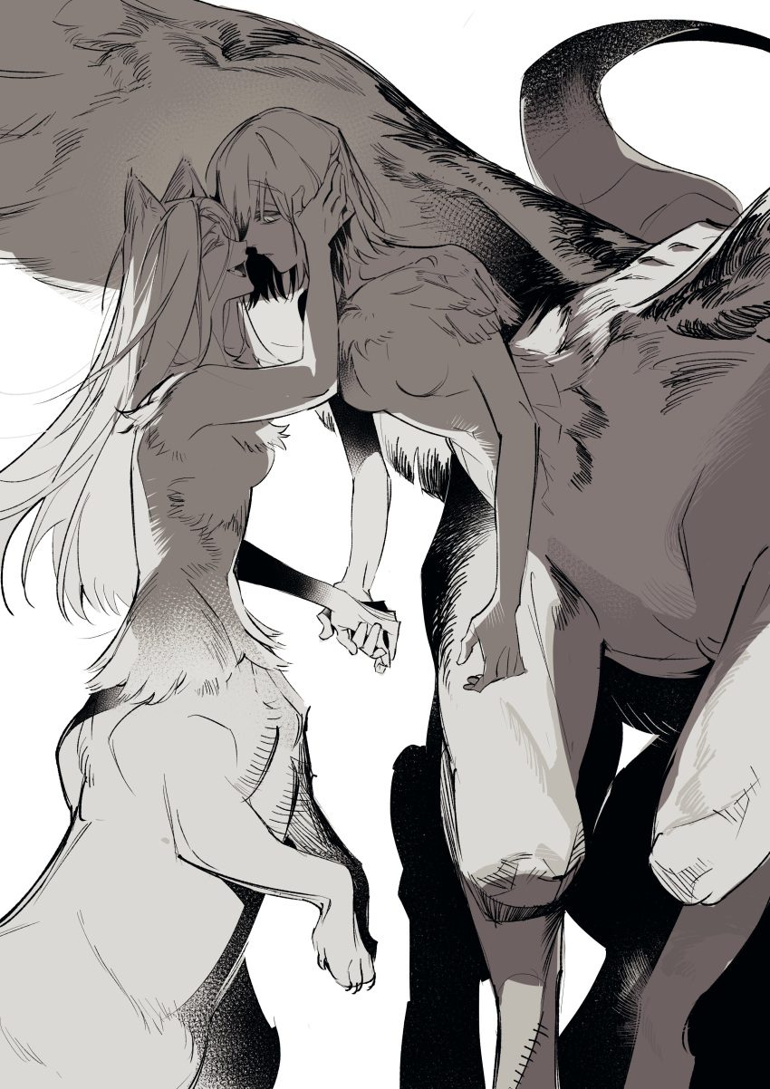2girls absurdres animal_ears body_fur breasts centauroid chimera completely_nude dragon_girl dragon_tail dungeon_meshi face-to-face facing_another falin_thorden feathered_wings greyscale hand_on_another's_head hand_up highres holding_hands imminent_kiss leaning_on_person leaning_to_the_side looking_at_another marcille_donato monochrome monster_girl multiple_girls niello5 nude open_mouth short_hair sketch spoilers succubus_(dungeon_meshi) tail taur wings wolf_ears yuri