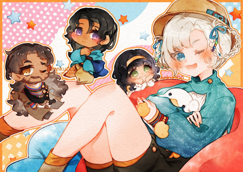 1boy 3girls :3 ;) ;d asymmetrical_clothes black_footwear black_hair black_shorts blue_coat blue_eyes blue_sleeves boater_hat border braid brown_coat brown_eyes brown_headwear chibi chibi_inset coat dark-skinned_female dark-skinned_male dark_skin dokkun0818 feet_out_of_frame hair_rings hairband head_rest kaalaa_baunaa kanjira long_hair looking_at_viewer matilda_bouanich matilda_bouanich_(the_genius's_holiday) multiple_girls one_eye_closed orange_border orange_socks pants purple_eyes reverse:1999 shamane shirt shorts shrug_(clothing) single_pantsleg smile socks solo_focus star_(symbol) twin_braids twitter_username watermark white_hair white_shirt yellow_hairband yellow_pants