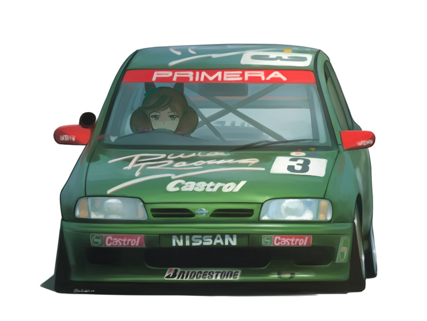 animal_ears balladeluce black_hair bridgestone brown_hair car castrol driving highres horse_ears horse_girl japanese_touring_car_championship motor_vehicle multicolored_hair nice_nature_(umamusume) nissan nissan_primera nissan_primera_p10 race_vehicle racecar shadow sponsor stance_(vehicle) streaked_hair twintails umamusume vehicle_focus white_background