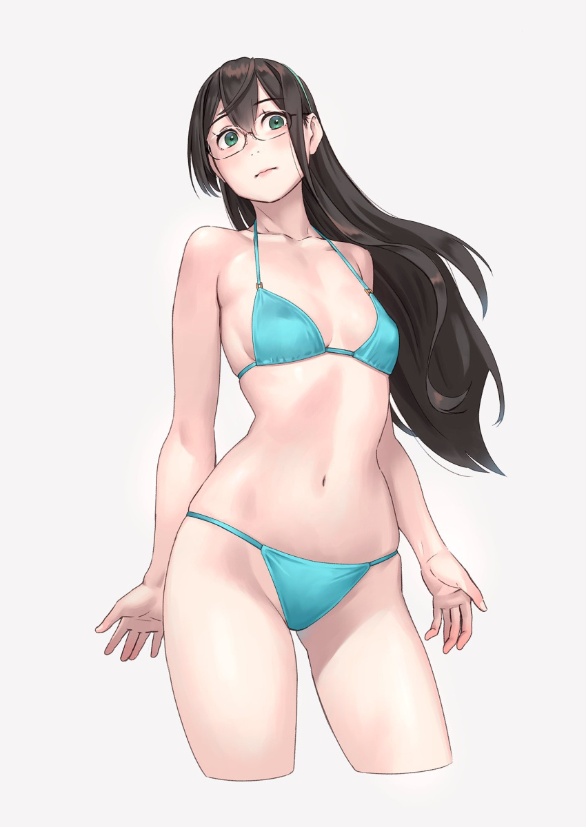 1girl alternate_costume ass_visible_through_thighs bare_arms bare_shoulders bikini black_hair blue_bikini blush breasts closed_mouth collarbone cowboy_shot cropped_legs glasses green_eyes grey_background groin hair_between_eyes hairband halterneck highres kantai_collection long_hair looking_at_viewer navel ooyodo_(kancolle) semi-rimless_eyewear sidelocks simple_background small_breasts solo standing stomach string_bikini swimsuit under-rim_eyewear white_background yuuji_(and)