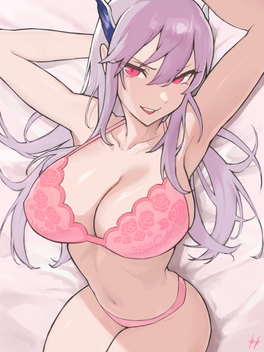 1girl bed bra breasts fukuya_art hair_between_eyes highres mato_seihei_no_slave navel open_mouth panties pink_bra pink_panties purple_hair red_eyes smile solo underwear uzen_kyouka