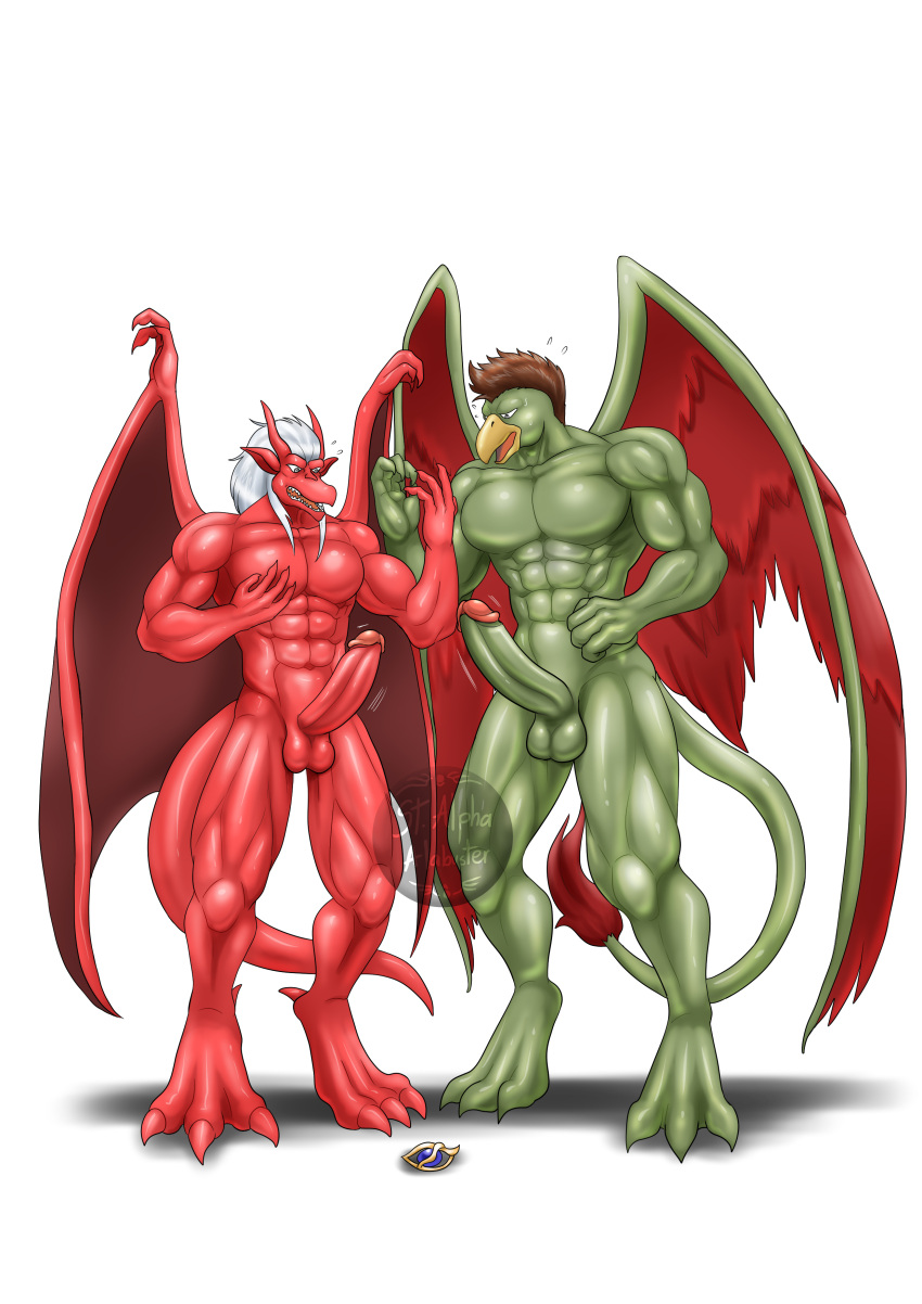 abs absurd_res after_transformation alabaster alabuster balls brooklyn_(gargoyles) brown_hair colored disney duo erection gargoyle gargoyles genitals glans green_body griff_(gargoyles) hair hi_res humanoid_genitalia humanoid_penis male membrane_(anatomy) membranous_wings muscular muscular_male penis red_body signature simple_background white_hair wings