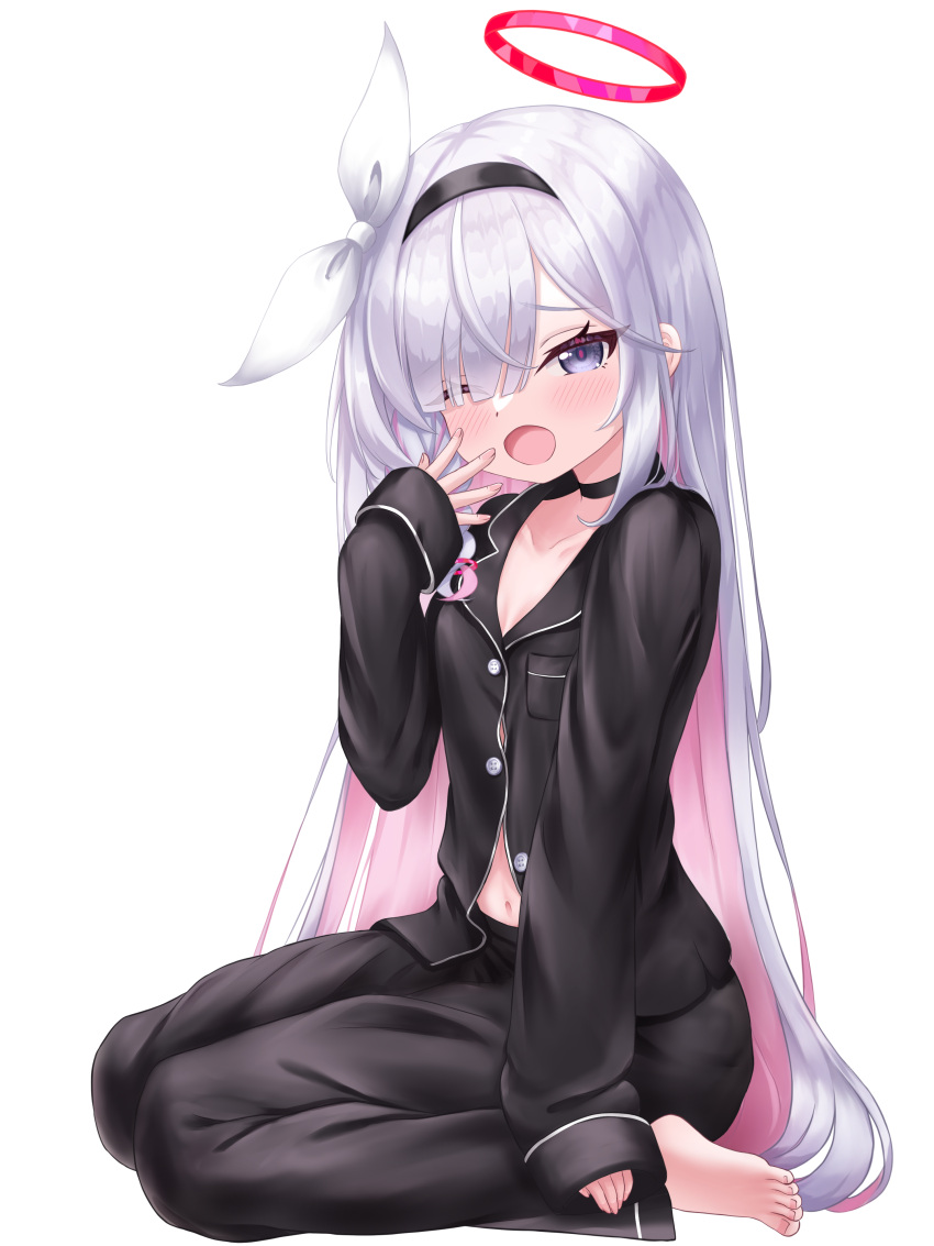1girl absurdres alternate_costume blue_archive blush breasts cleavage collarbone grey_hair halo headband highres kuma_piv looking_at_viewer multicolored_hair navel pajamas plana_(blue_archive) seiza simple_background sitting small_breasts solo two-tone_hair waking_up white_background