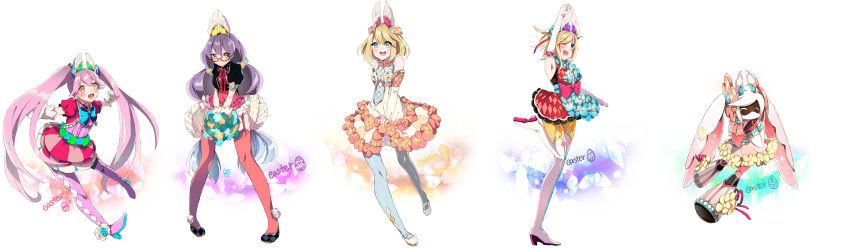 5girls :d :o absurdres animal_ears argyle argyle_legwear arms_up ballet_slippers black_footwear blonde_hair blue_eyes blush boots breasts brown_eyes bunny_ears easter elbow_gloves fake_animal_ears floral_print glasses gloves grey_legwear highres medium_hair megumegu multiple_girls open_mouth outstretched_hand pantyhose pink_footwear pink_hair pink_legwear purple_hair red-framed_eyewear red_legwear small_breasts smile standing standing_on_one_leg thigh_boots thighhighs twintails white_background white_gloves white_hair white_legwear yatano_(ytn)