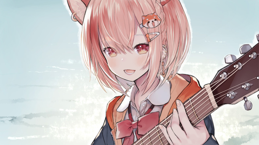 1girl :d animal_ear_fluff black_jacket blush braid brown_hair capriccio collared_shirt commentary_request dress_shirt ear_piercing fingernails guitar hair_between_eyes hair_ornament hairclip hand_up holding holding_instrument hood hood_down hooded_jacket instrument jacket long_sleeves nijisanji open_clothes open_jacket panda_hair_ornament piercing ratna_petit red_eyes red_panda_ears shirt smile solo virtual_youtuber white_shirt