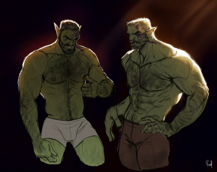 2boys abs absurdres armpit_hair armpit_hair_peek baldur's_gate baldur's_gate_3 bara beard black_sclera blood blood_on_face boxers bulge character_request check_character colored_sclera colored_skin cropped_legs dungeons_and_dragons facial_hair frown full_beard glowing glowing_eyes green_skin grey_hair hairy highres large_pectorals leather male_focus male_underwear mature_male monster_boy multiple_boys muscular muscular_male navel navel_hair nipple_stimulation nipple_tweak nipples nose_piercing nose_ring orc pants pectorals piercing pointy_ears purple_eyes rodrigodraws short_hair sparse_chest_hair sparse_leg_hair standing stomach streaked_beard tav_(baldur's_gate_3) thick_arm_hair thick_beard thick_navel_hair topless_male tusks underwear white_male_underwear