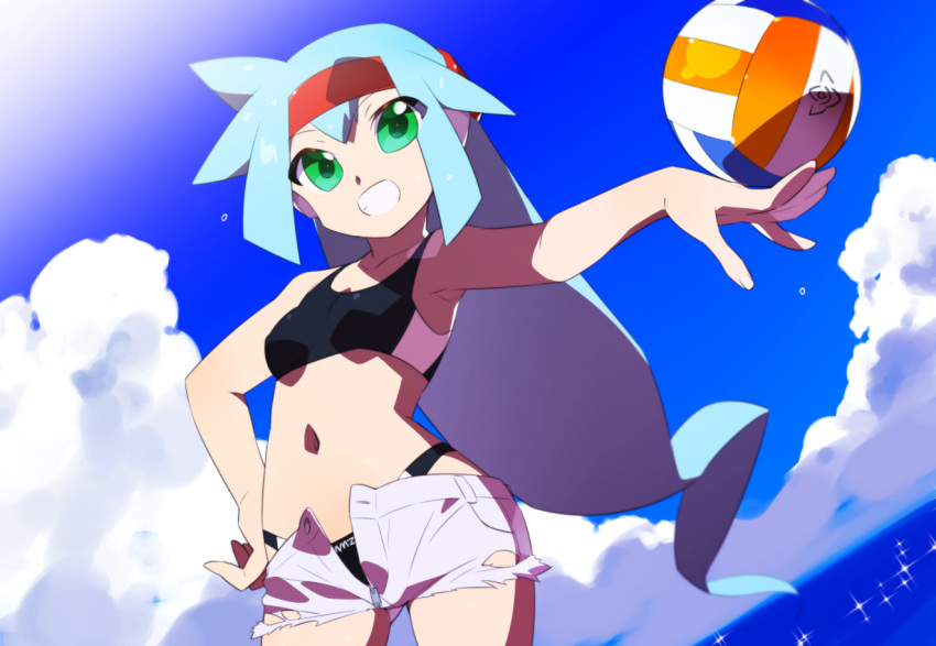 1girl alternate_costume alternate_hairstyle ashe_(mega_man) ball bikini black_bikini blue_hair breasts cloud commentary_request commission green_eyes holding holding_ball kaidou_zx long_hair mega_man_(series) mega_man_zx mega_man_zx_advent navel ocean open_clothes open_fly open_shorts pixiv_commission short_hair shorts sky small_breasts sports_bikini swimsuit swimsuit_under_clothes unbuttoned unzipped variant_set volleyball_(object) water white_shorts