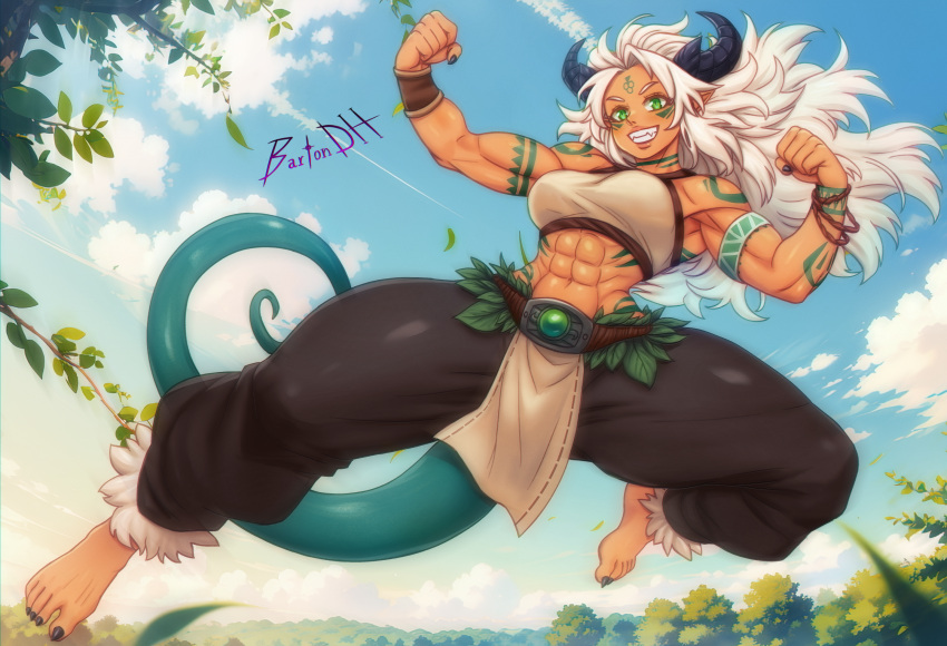 1girl 2024 abs artist_name barefoot bartondh belt black_nails black_pants blue_sky breasts chinese_new_year clenched_hands cloud cloudy_sky detailed_knuckles dragon dragon_girl dragon_horns dragon_tail facial_tattoo fang feet fingernails flexing forest fur-trimmed_legwear fur-trimmed_pants fur_trim gem green_gemstone high_jump highres horns jumping large_breasts leaf leaf_clothing loincloth long_hair looking_at_viewer looking_down messy_hair midriff monster_girl muscular muscular_female nail_polish nature navel new_year original outdoors pants raised_fists rope_around_wrist sharp_toenails shiny_skin signature sky smile sports_bra sunset sword tail tan tattoo thick_thighs thighs toenail_polish toenails tree tribal_tattoo weapon western_dragon white_hair white_sports_bra wristband