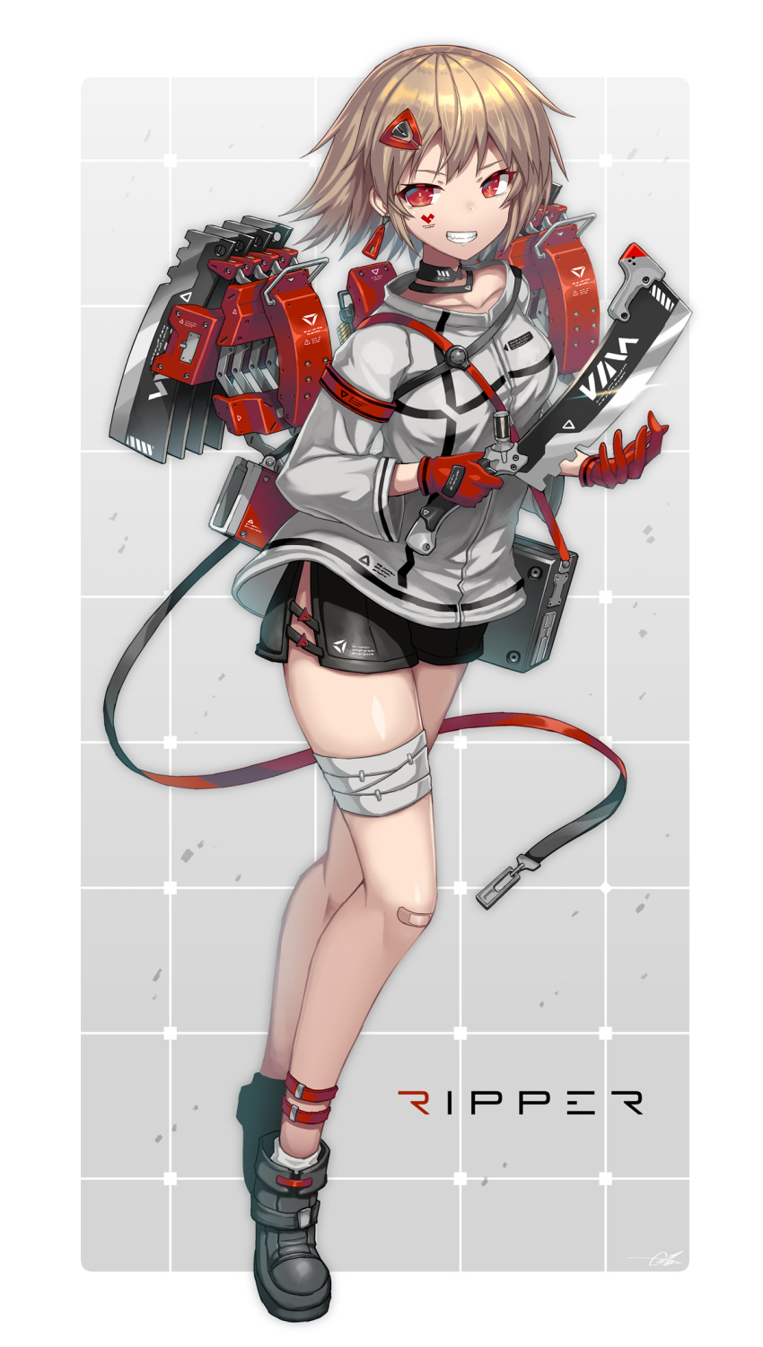 1girl bandages bandaid bandaid_on_knee bandaid_on_leg black_shorts blonde_hair boots cleaver collarbone cyberpunk earrings full_body gia gloves grin hair_ornament hairclip highres jewelry looking_at_viewer original red_eyes red_gloves shirt short_hair shorts smile solo white_shirt